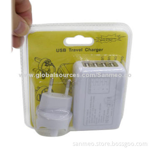 4 USB port travel charger charge various digital devices, short circuit protection and restorationNew